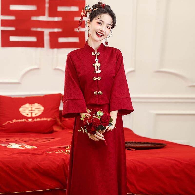 高档红色孕妇敬酒裙服中门套式复古订婚旗袍大码新娘出阁回结婚礼