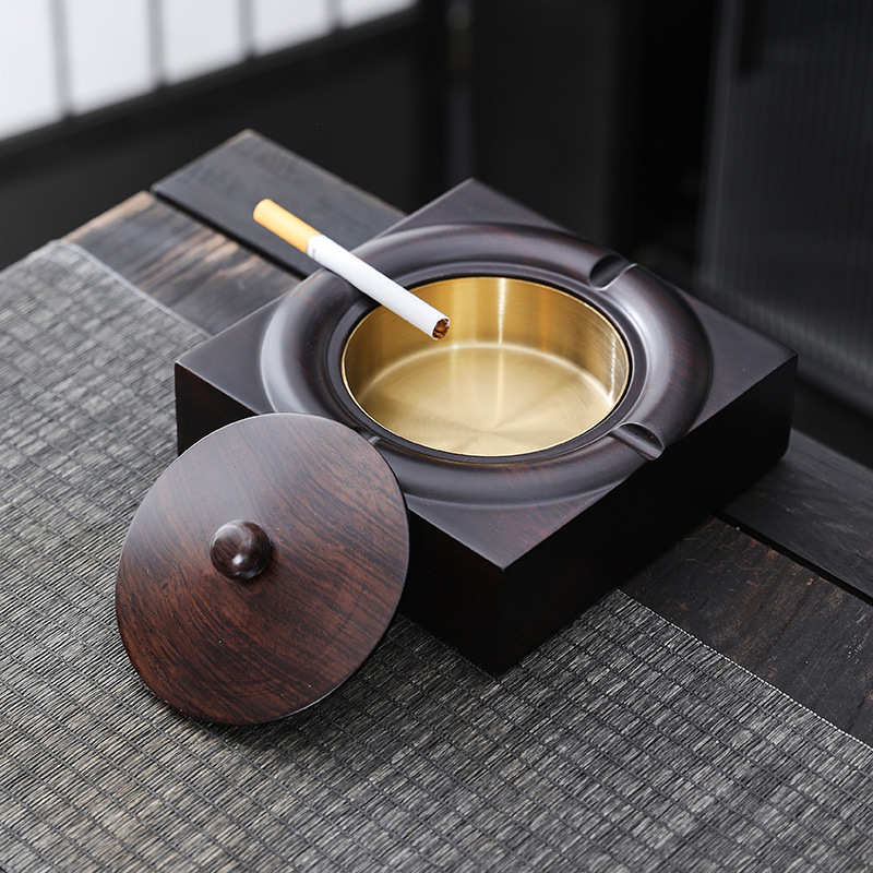 烟灰缸创意个性潮流客厅家用黑檀实木带盖防飞灰中式金属铜制烟缸
