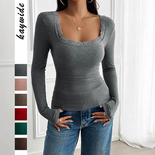 Women's Lace Trim Square Neck Long Sleeve Ribbed Knit Top