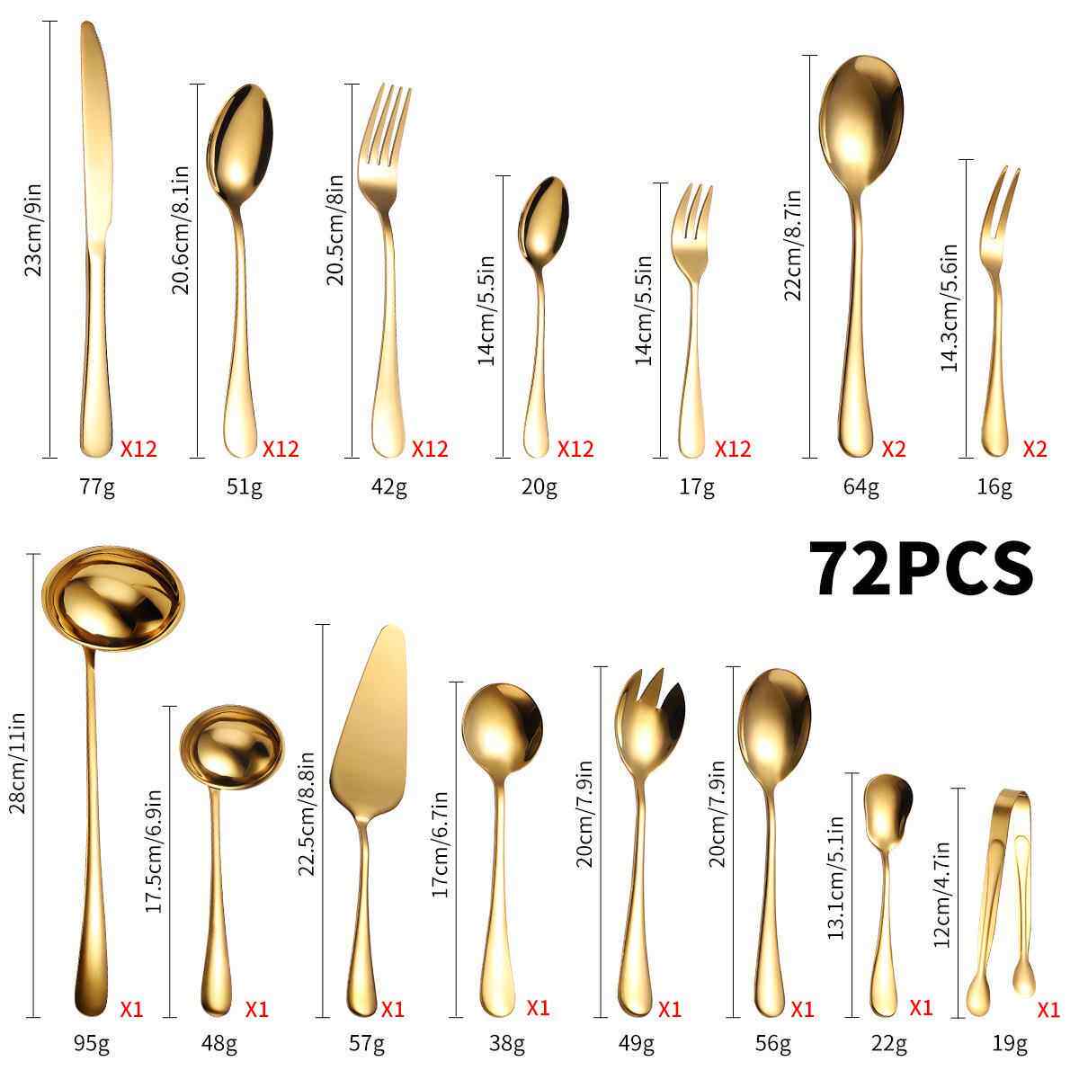 新款直销不锈钢餐具套装72/84件套服务用具金色蛋糕铲刀叉勺子礼