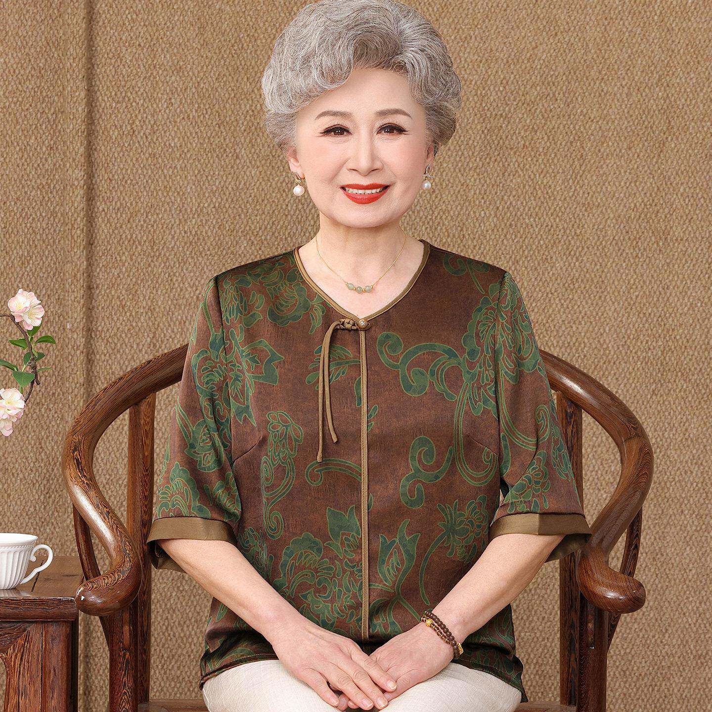 民族风中老年人T恤女短袖夏装桑蚕丝100%大码奶奶真丝印花上衣薄