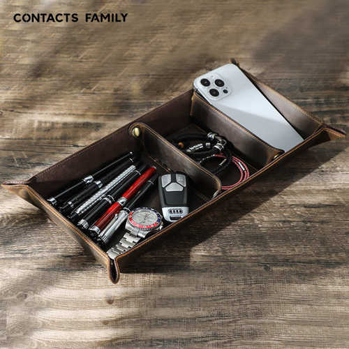 咖啡色疯马牛皮托盘手工制作长方形隔层办公桌面摆台杂物收纳盒