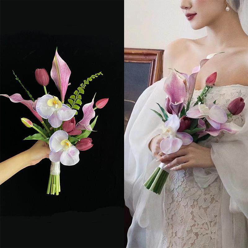 彷真手捧花领证新娘结婚纱照花束马蹄莲高级紫色系影楼拍照摄道具