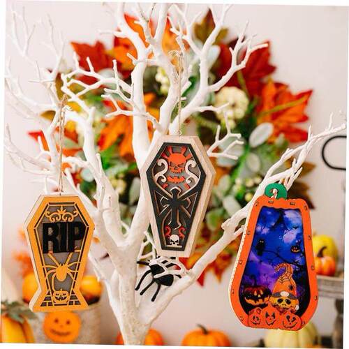 万圣节Halloween Wooden pendant with light Pumpkin Spider Box