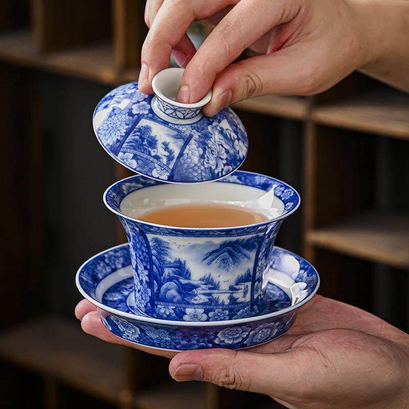 老陶泥青花山水马蹄盖碗茶杯功夫三才碗家用陶瓷泡茶器茶碗单个