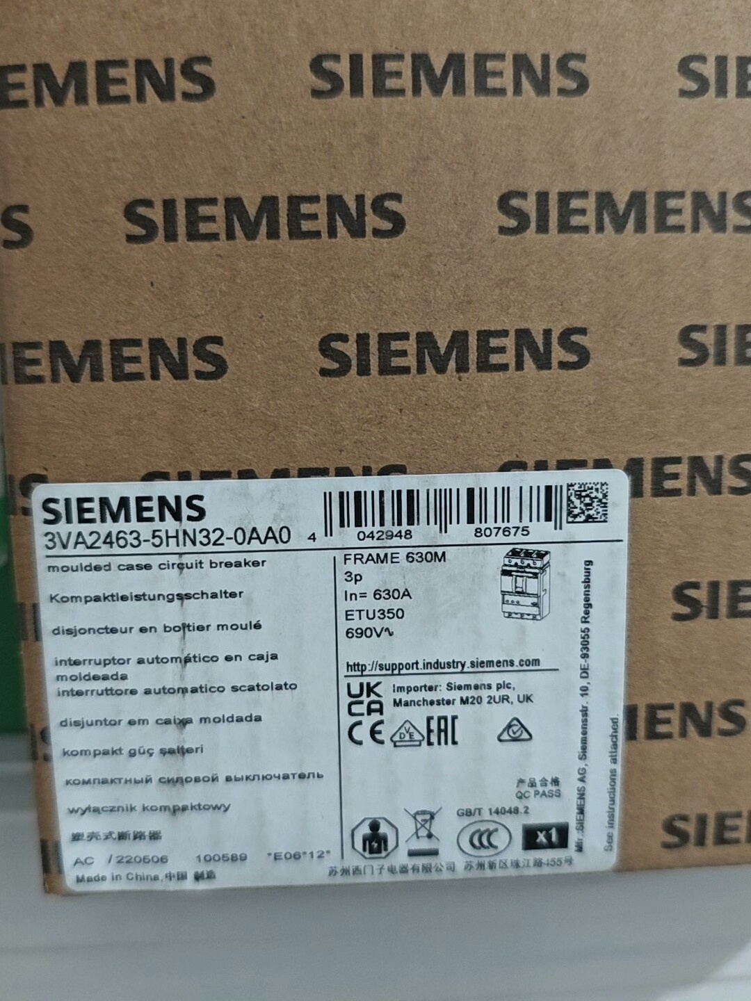 西门子3VA2463-5HN32-0AA0塑壳断路器3P 6