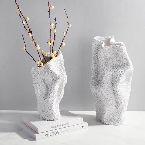 意简约现代树脂白色多孔花居器摆件样板房家客厅创花装饰品0022摆