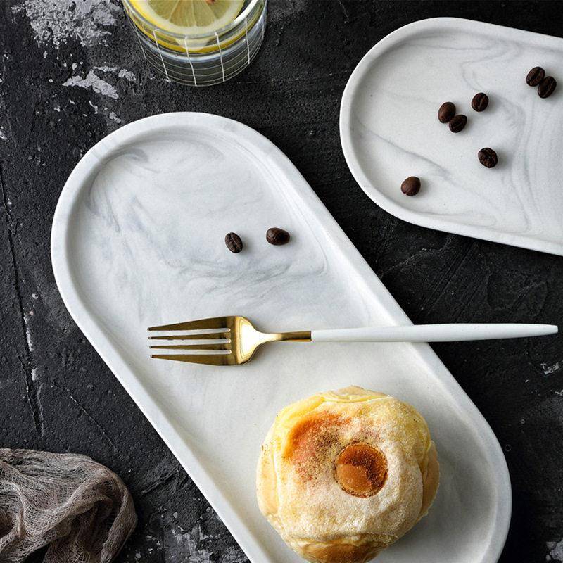 White marble ceramic storage tray oval oval dessert plate - 实物图