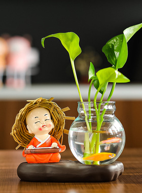 个性禅意茶宠四不小和尚客厅插花小摆件玻璃器皿绿萝水培装饰摆件