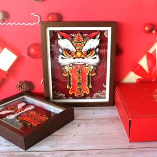 开业新款桌面3D立体相框摆件国潮中式手工文创非遗醒狮剪纸画摆台