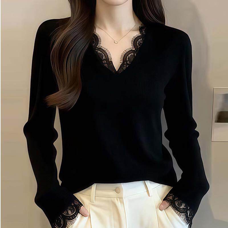 潮牌针织衫女2026春季新款蕾丝花边V领打底衫设计感法式气质上衣