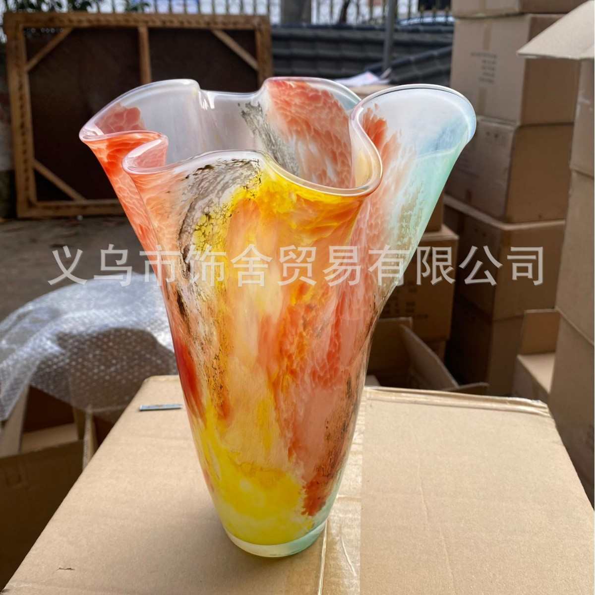 彩色肌理皱褶大口径中古风花瓶北欧手工琉璃玻璃花瓶花器摆件高级