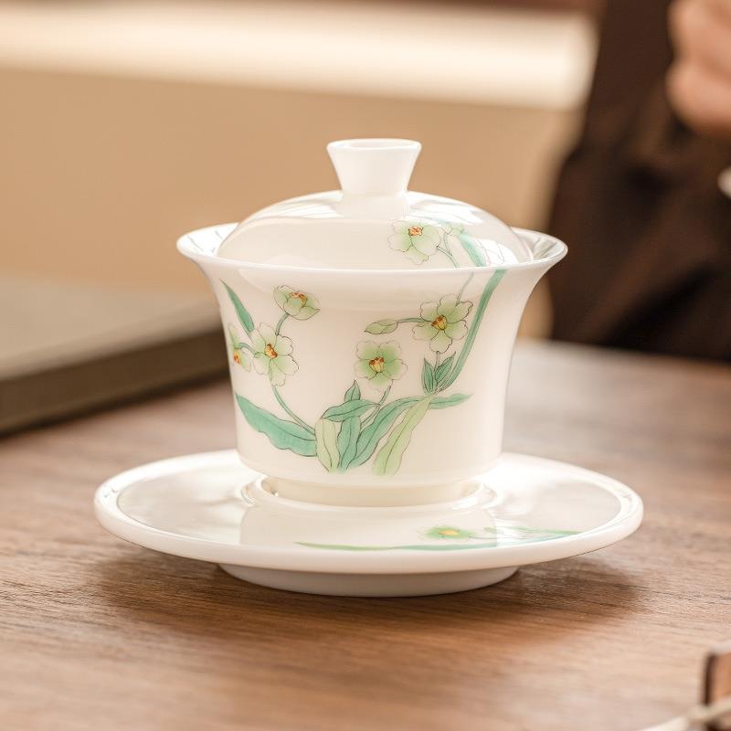 工厂张丽娇大师素烧羊脂玉瓷三才盖碗茶具高端泡茶碗手绘茶碗带盖
