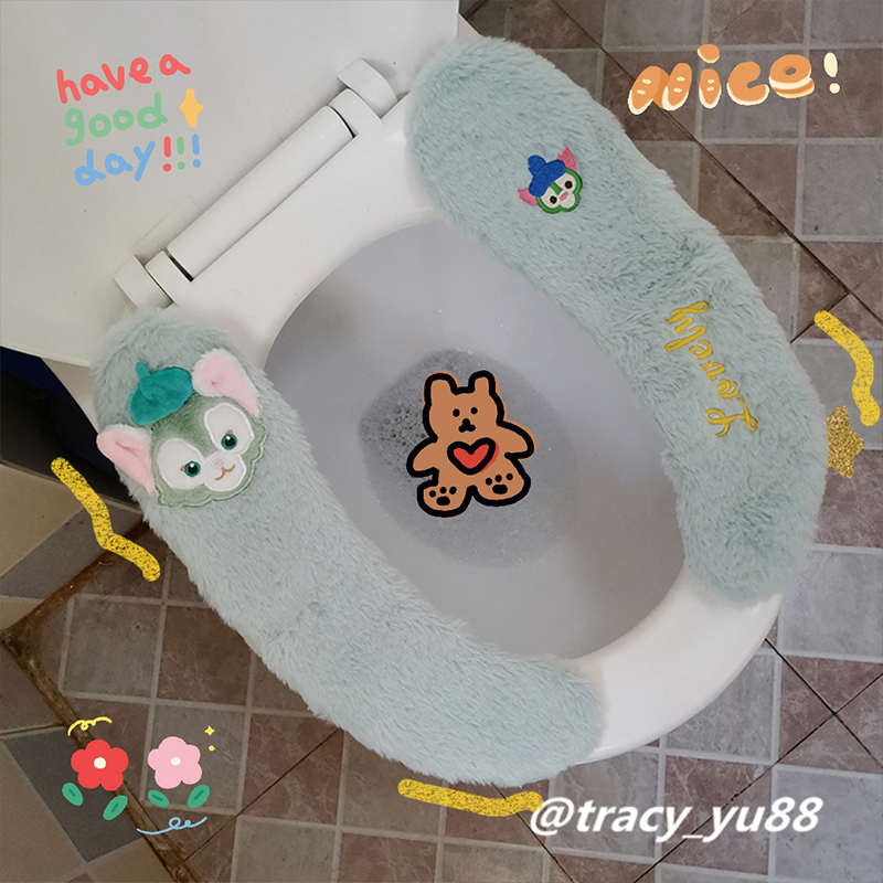 冬季卡通刺绣恶魔毛绒加厚马桶圈粘贴式马桶垫子坐便器保暖两片式