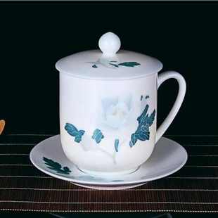 醴陵釉下五彩手绘兰草杯碟大人会堂办公茶水杯带盖酒店商务礼品杯