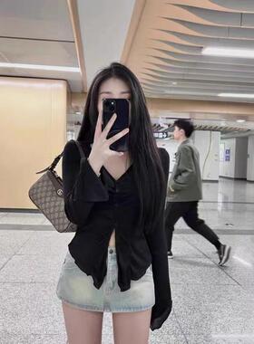 夏季大尺码纯欲黑色防晒开衫女薄款感V领喇叭长袖针织衫上衣0412d