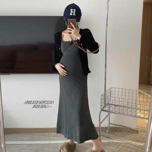 孕妇装春秋吊带背心裙子气质纽扣吊带长裙修身夏季显瘦连衣裙套装
