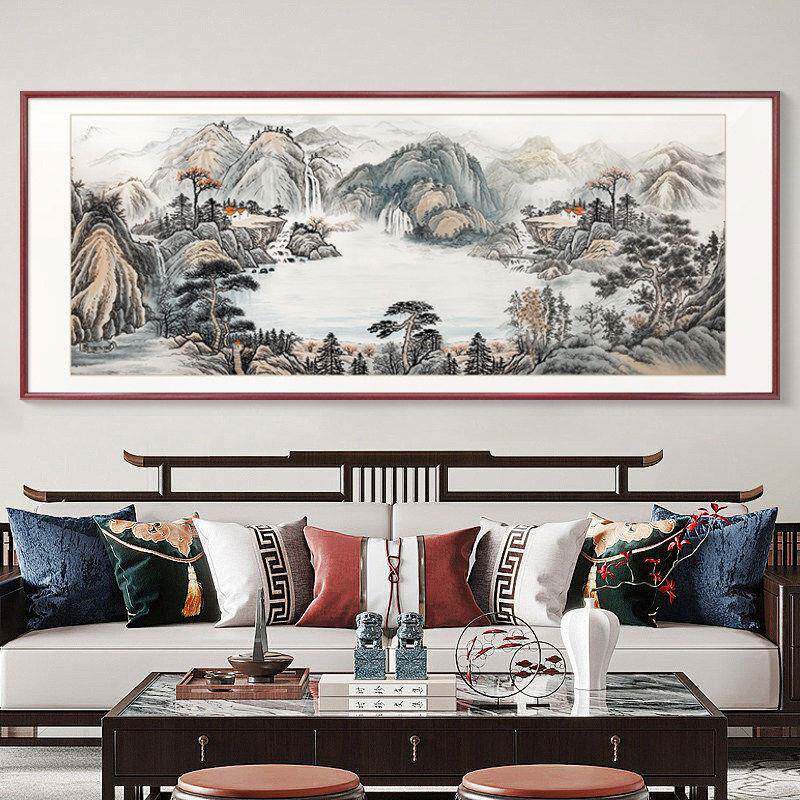 客厅沙发背景墙装饰画办公室墙画聚宝盆会客厅国画新中式靠山画