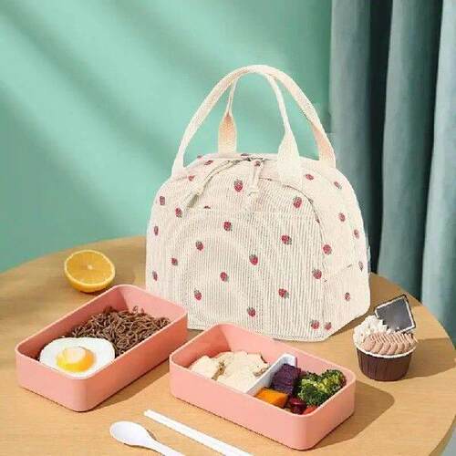 Insulated Lunch Bag Strawberry Pattern Corduroy Cooler