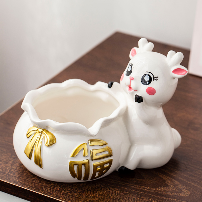 烟灰缸创意一体福鹿摆件北欧ins风轻奢陶瓷烟灰缸家用装饰防飞灰