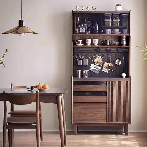 北美黑胡桃木岩板餐边柜北欧小户型实木家用客厅一体靠墙储物柜