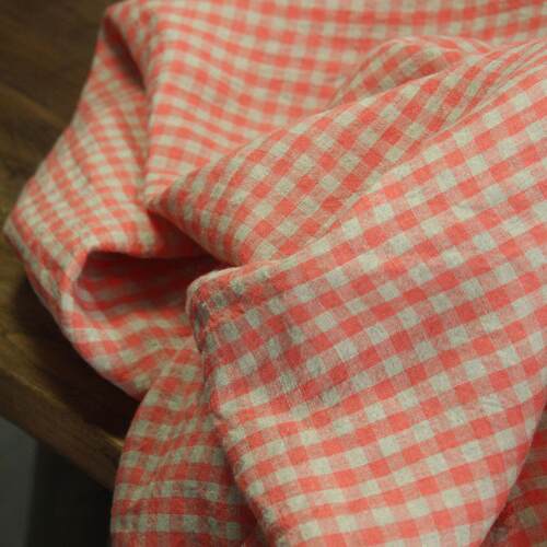 瓦娜家原创肌理感色织纯亚麻格子布料旗袍连衣裙衬衫服装面料橘粉