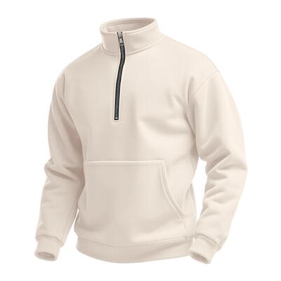 Men Polar Fleece Hoodie Sleeve Pure Color Zip Front Mid Neck