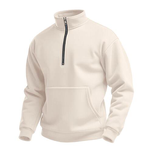 Men Polar Fleece Hoodie Sleeve Pure Color Zip Front Mid Neck