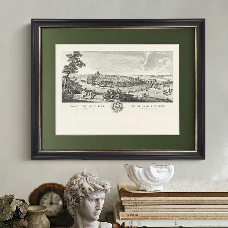 高档欧式小众复古装饰画客厅餐厅玄关横版素描风景挂画卡纸壁画图片