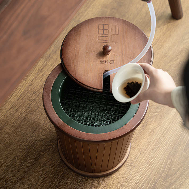 复古竹制茶渣桶 家用茶水分离小号排水桶办公室茶水桶茶道配件