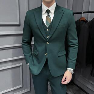 三件套翻领无烫修身 男士 商务休闲双缝夹克 西装 深绿色西装