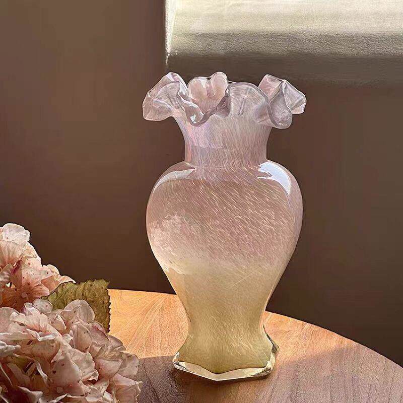 家居粉色玻璃花瓶中古琉璃花器蝴蝶兰插花客厅装饰摆件法式ins风
