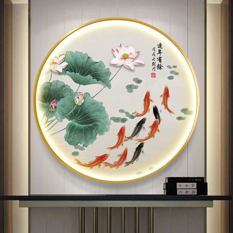 荷花九鱼图新中式入户玄关装饰画圆形过道茶室LED灯画背景墙挂画图片