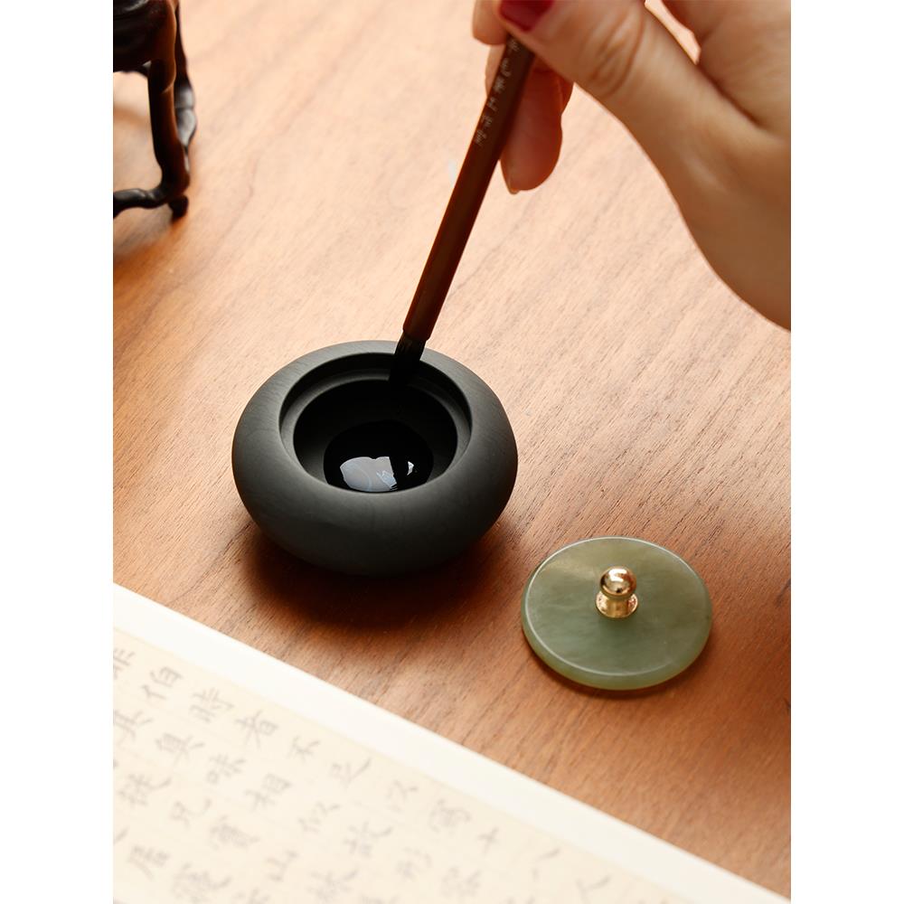 正品椭圆小墨罐玉石盖砚 玲珑台火砚形文房原石墨池墨海存墨锅防