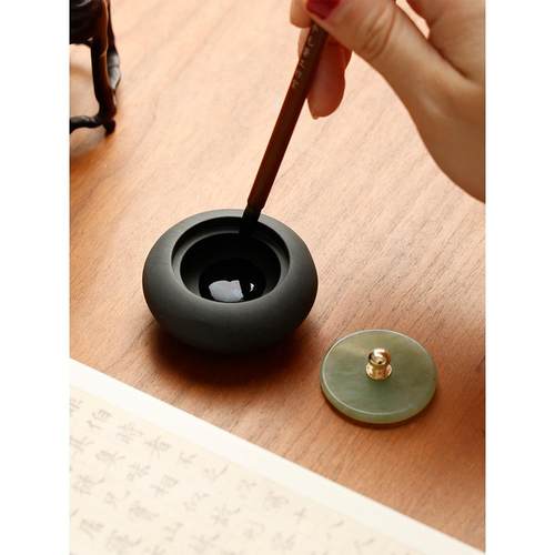 高档圆形小墨罐玉文石盖防砚台 玲珑火锅砚房原椭石墨池墨海存墨