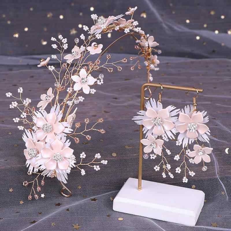 韩系韩粉花朵手工编织发箍耳环套装森系写真结婚头饰婚纱礼服配饰