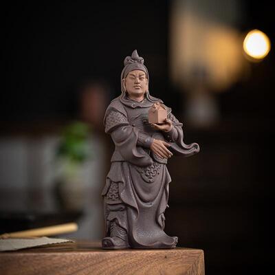创意紫砂人物关平神像摆件家居客厅玄关办公室桌面陶瓷工艺品摆设