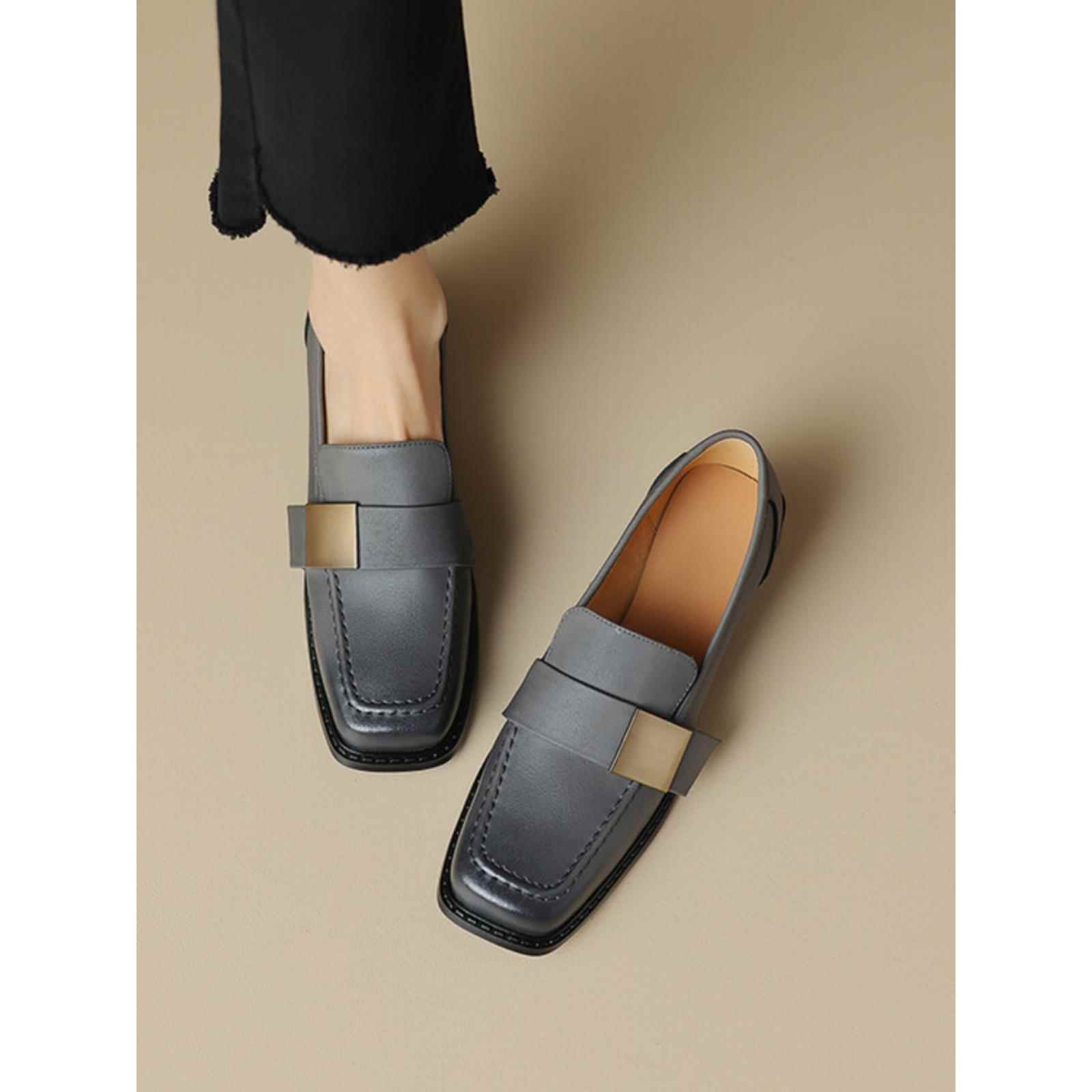 英伦风真皮软底乐福鞋2025新款春秋覆古小皮鞋方头粗跟单鞋女中跟