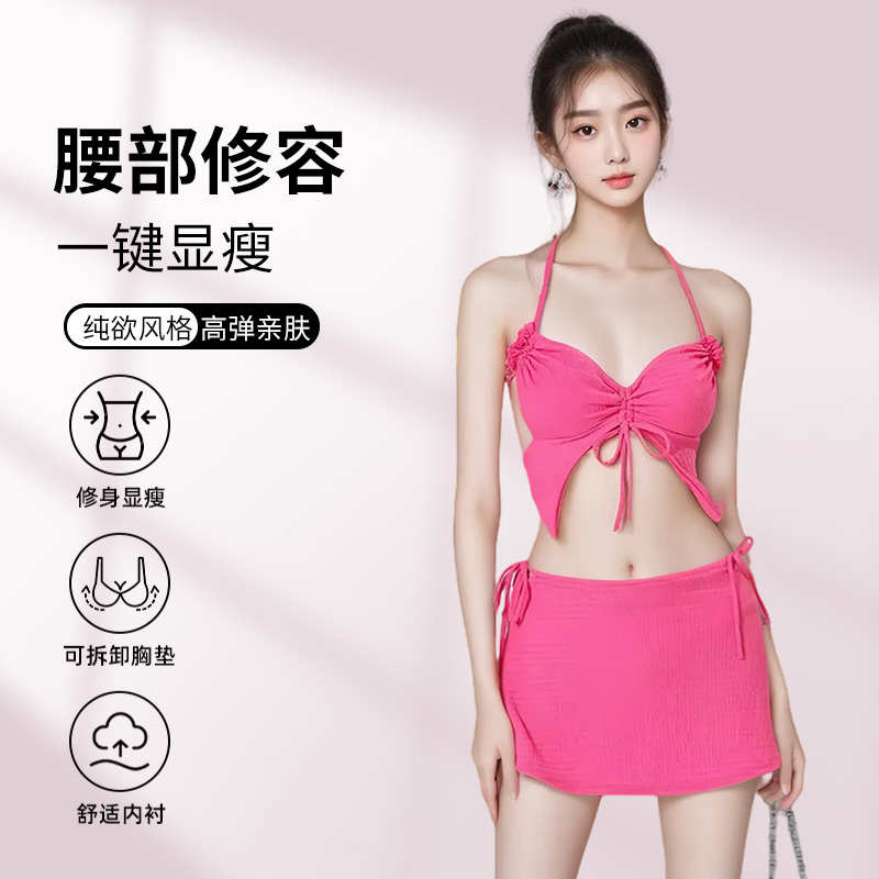 2025新款泳衣女比基尼性感显瘦挂脖裙式分体两件套纯欲风度假泳衣