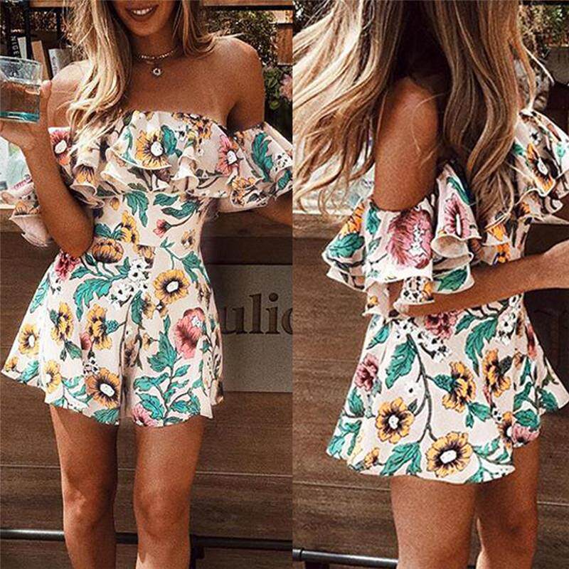 Jumpsuit with ruffle print off shoulder连体裤荷叶边印花露肩