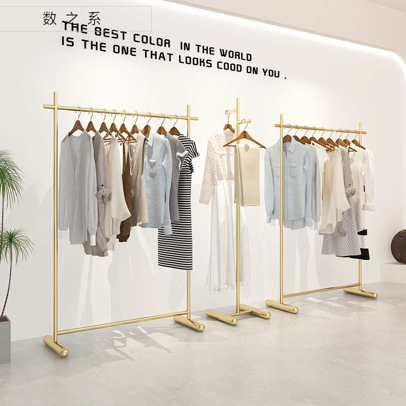 服装店展示架落地式挂衣架侧挂衣服架子店铺金色陈列架衣服架子