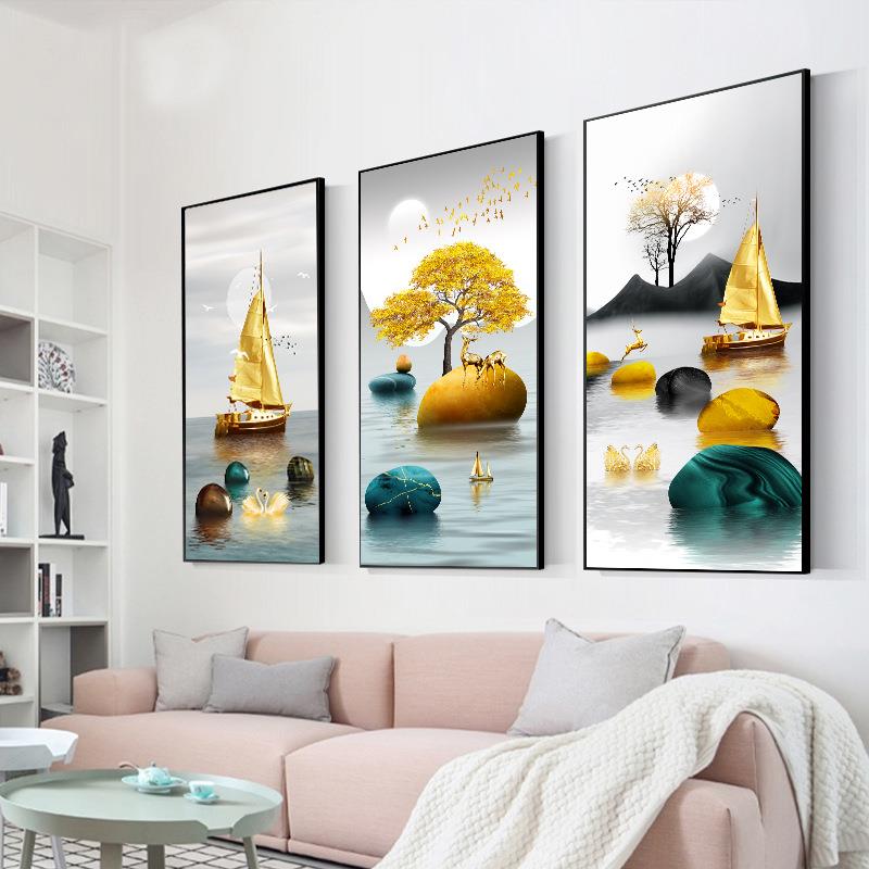 北欧玄关装饰画现代客厅三联画招财壁画走廊过道竖版石来运转挂画