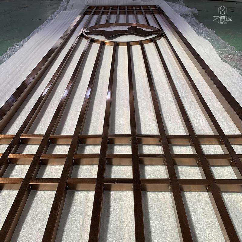 新中式轻现代奢玄关镂空花格属格栅金223-28隔断工程屏不锈钢假山