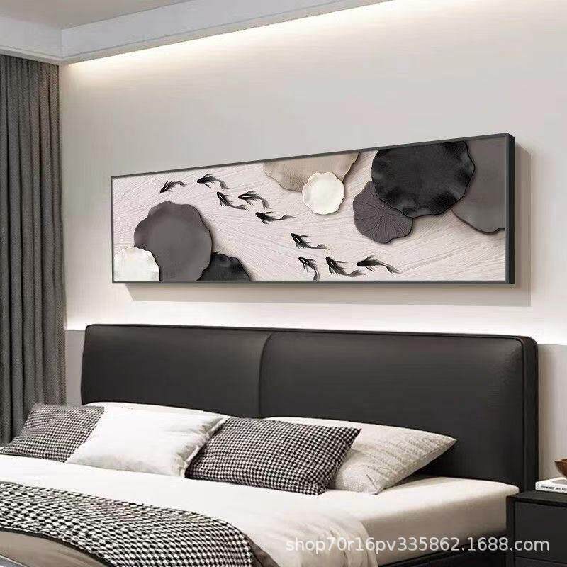 九鱼图卧室装饰画现简约主卧床头挂画黑白灰客厅墙面壁画