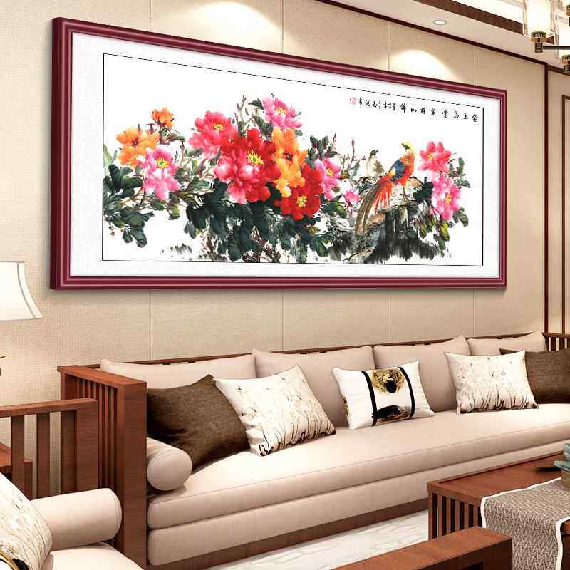 网红花开富贵国画牡丹横花挂画中式客厅装饰画幅沙背中景墙发堂鸟