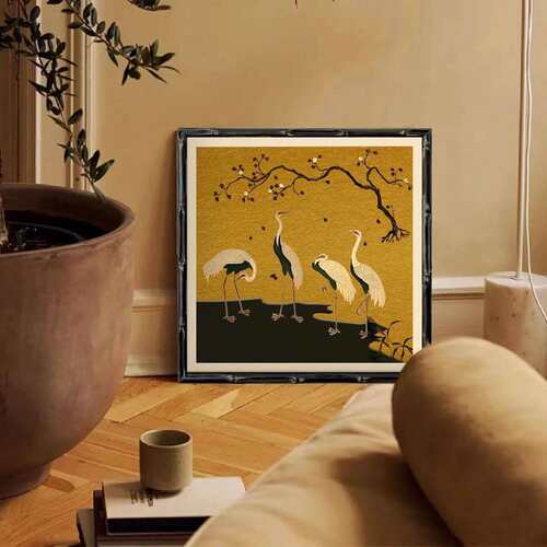 中古风仙鹤客厅装饰画复古中国风轻法式黑色竹节外框小众艺术壁画