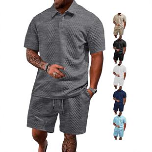 Men V neck shirt shorts set color block sleeve paired