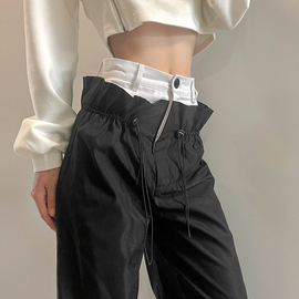 SylCue街头酷飒高腰休闲裤女假两件设计感显瘦时尚直筒堆脚长裤子