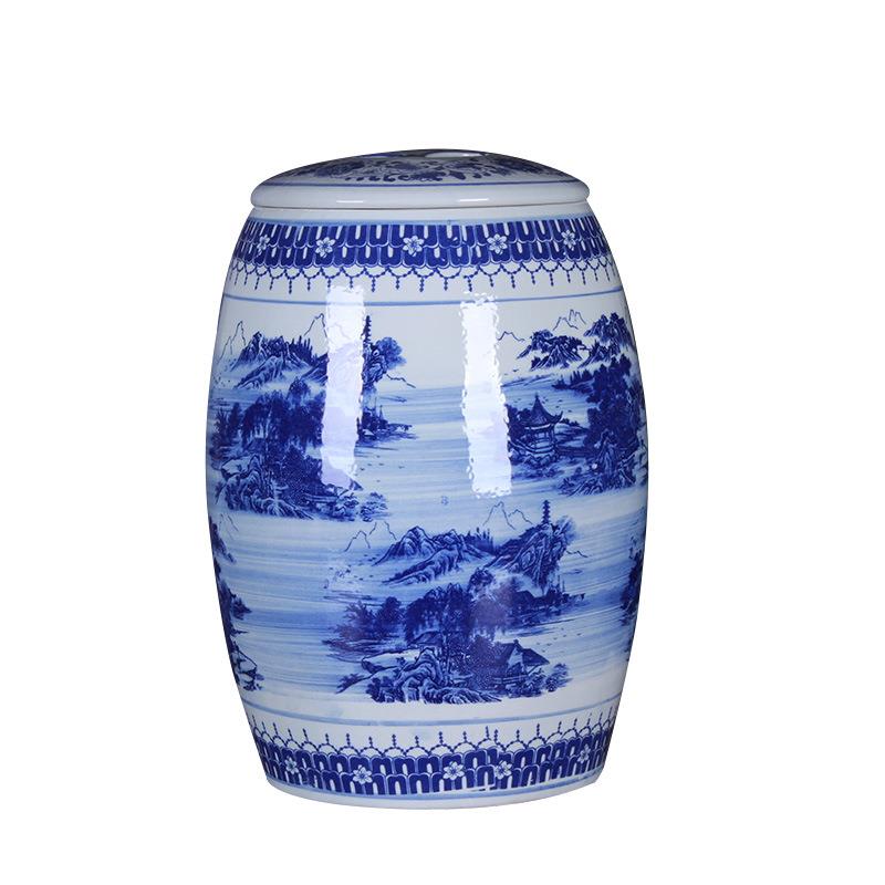 景德镇中式陶瓷米缸青花山水圆柱形米桶油桶防潮防霉家居收藏摆件