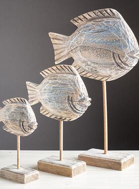 海洋风格实木手工雕刻摆件地中海桌鱼摆设样板房装CVE软电视柜摆